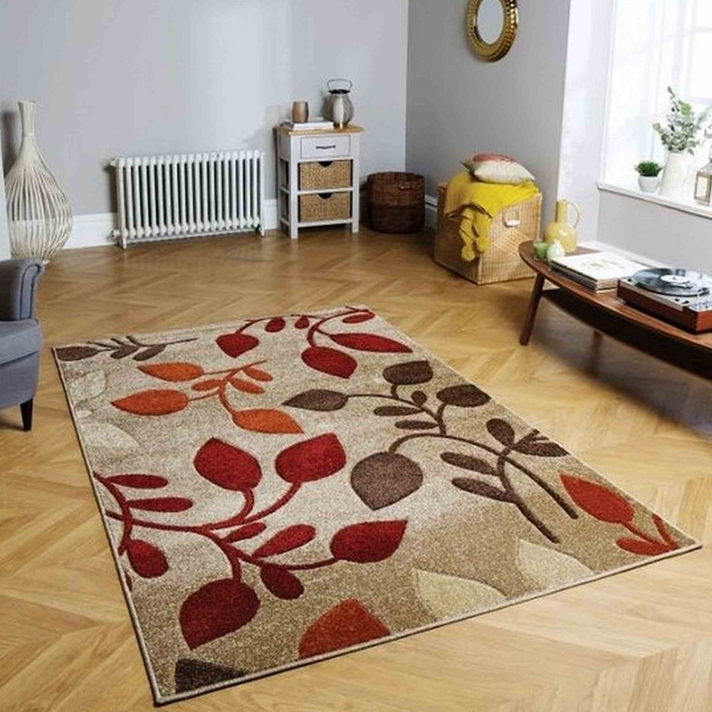 Portland 1096 M Carved Leaf Rugs in Beige Red and Terracotta